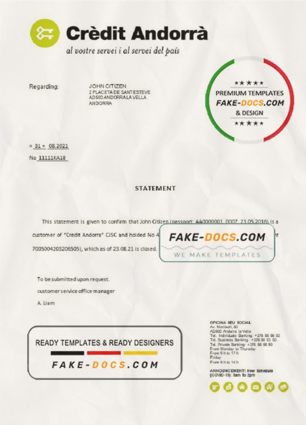 Andorra Credit Andorra bank account closure reference letter template in Word and PDF format scan