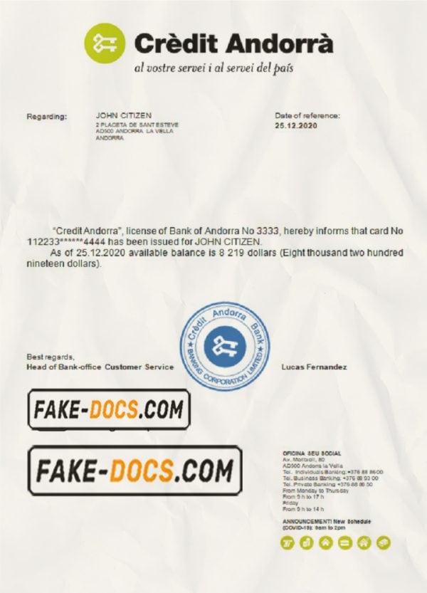 Andorra Credit Andorra bank reference letter template in Word and PDF format
