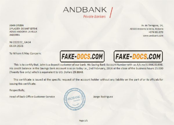 Andorra Andbank account reference letter template in Word and PDF format scan