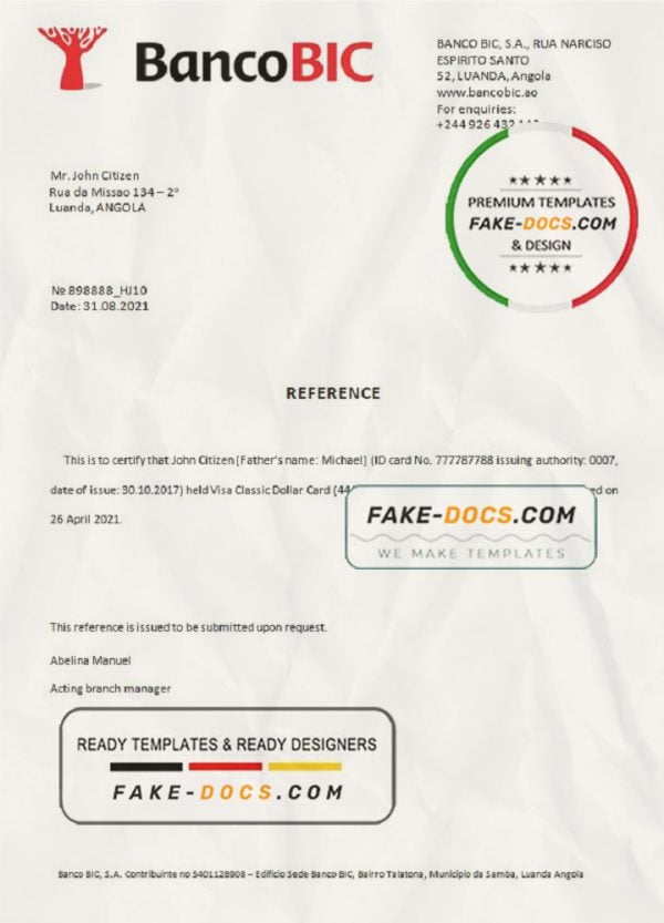 Angola Banco BIC bank account closure reference letter template in Word and PDF format
