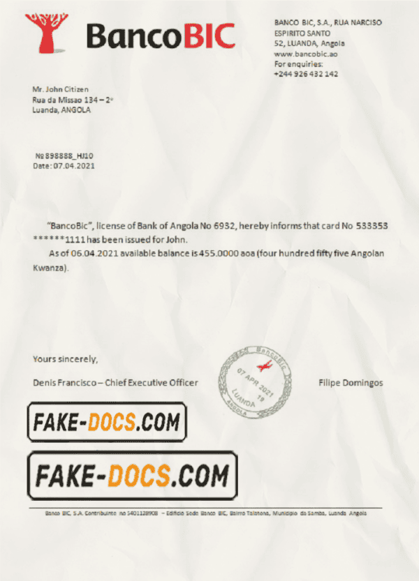 Angola Banco BIC bank reference letter template in Word and PDF format