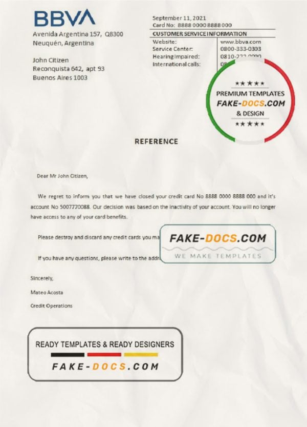 Argentina BBVA bank account closure reference letter template in Word and PDF format