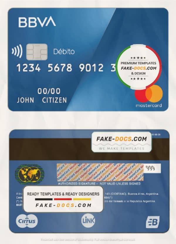Argentina BBVA bank MasterCard debit card template in PSD format, fully editable, with all fonts