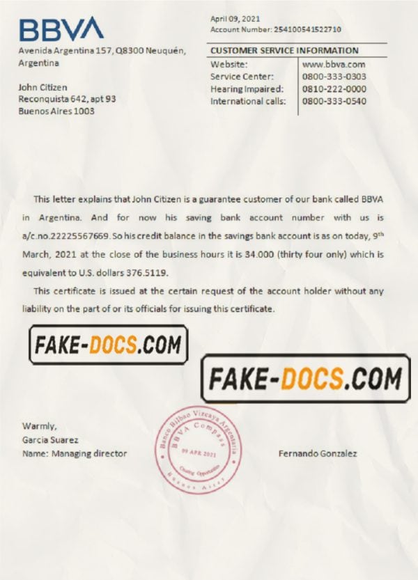 Argentina BBVA bank reference letter template in Word and PDF format