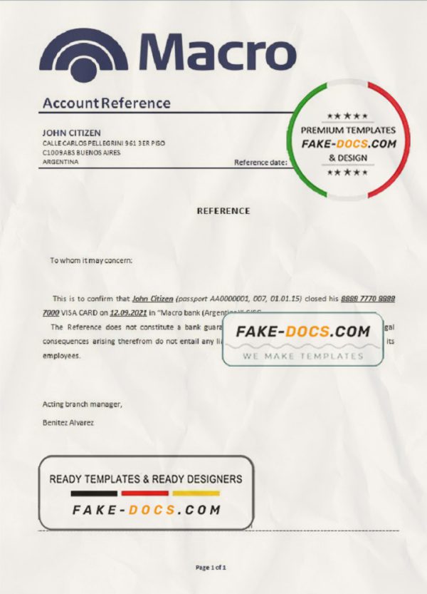 Argentina Banco Macro bank account closure reference letter template in .doc and .pdf format scan