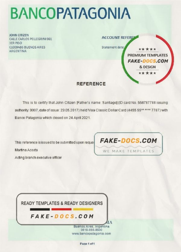 Argentina Banco Patagonia bank account closure reference letter template in Word and PDF format