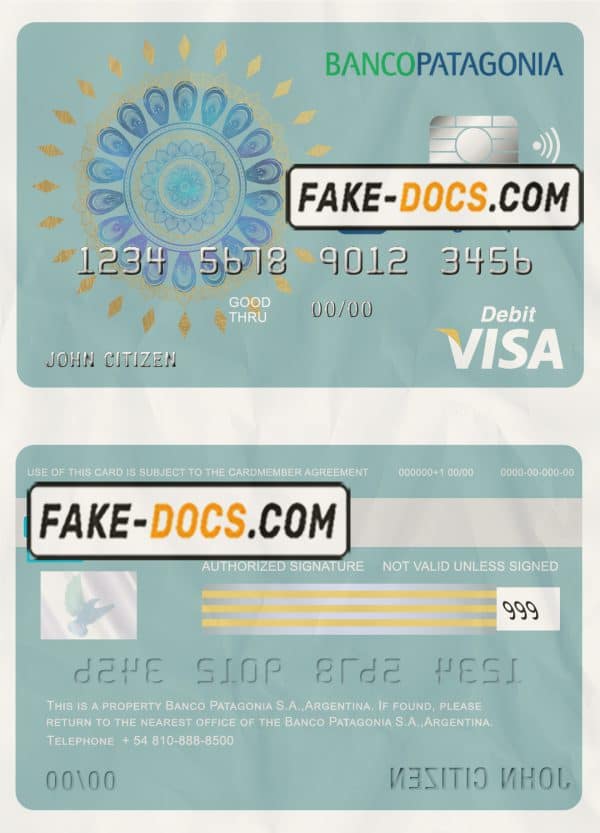 Argentina Banco Patagonia bank visa card debit card template in PSD format, fully editable