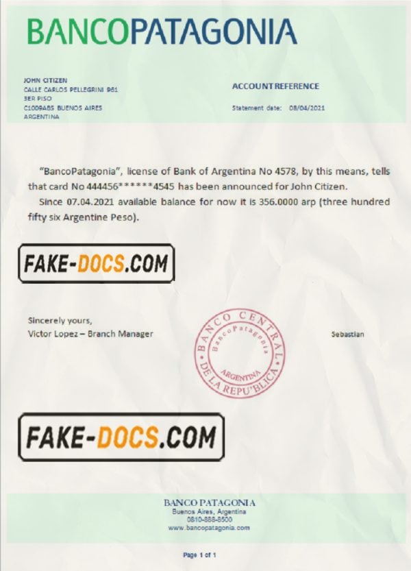 Argentina Banco Patagonia bank reference letter template in Word and PDF format