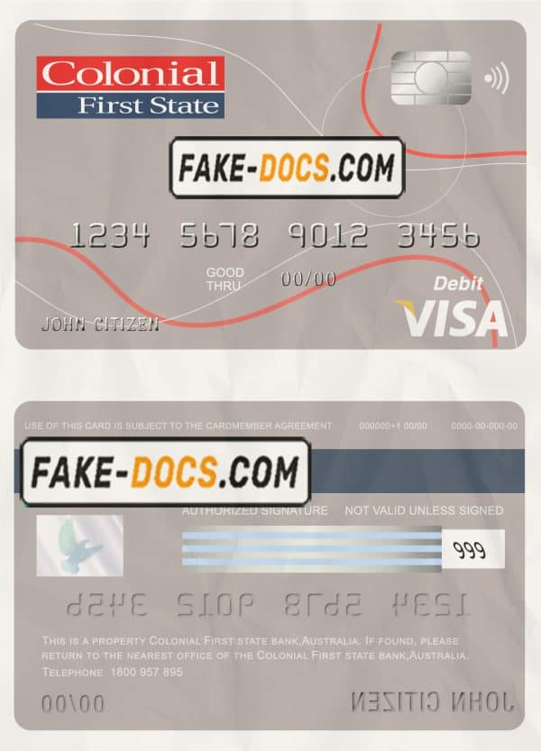 Australia Colonial First State Bank visa card debit template in PSD format, fully editable