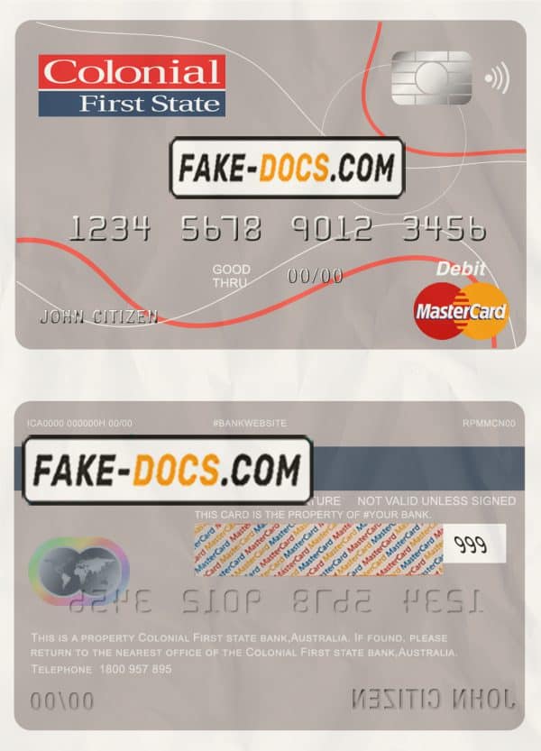 Australia Colonial First State Bank mastercard debit card template in PSD format, fully editable