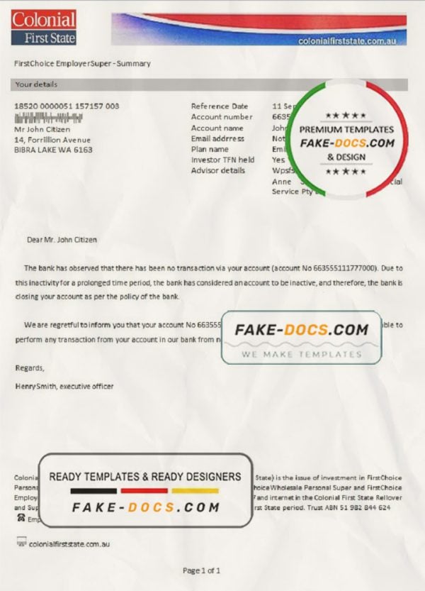 Australia Colonial First State bank account closure reference letter template in Word and PDF format