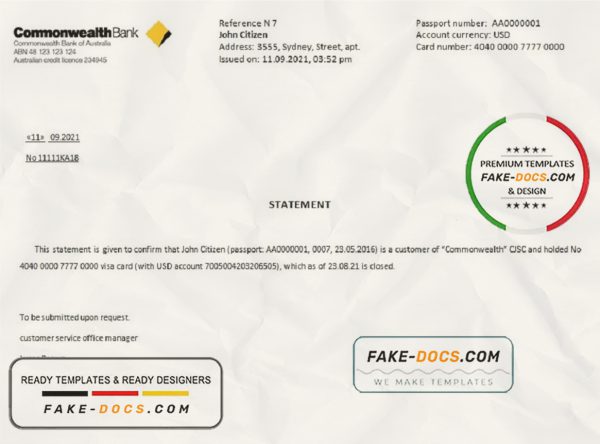Australia Commonwealth bank account closure reference letter template in Word and PDF format