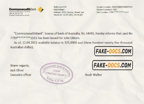 Australia Commonwealth bank account reference letter template in Word and PDF format