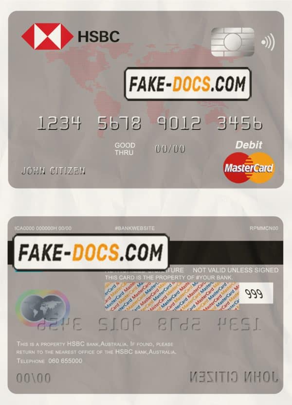 Australia HSBC bank mastercard debit card template in PSD format, fully editable