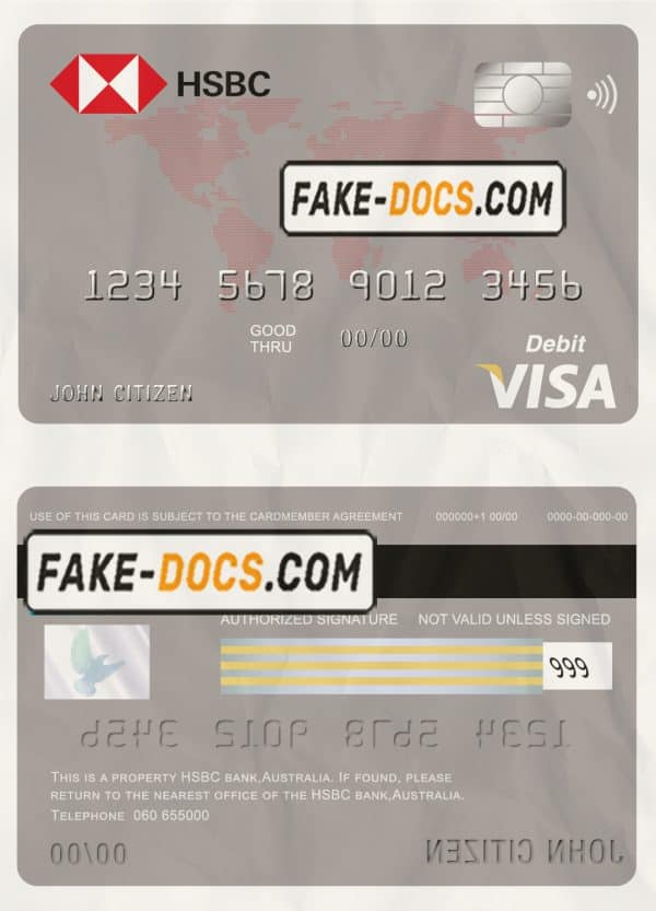 Australia HSBC bank visa card debit card template in PSD format, fully editable