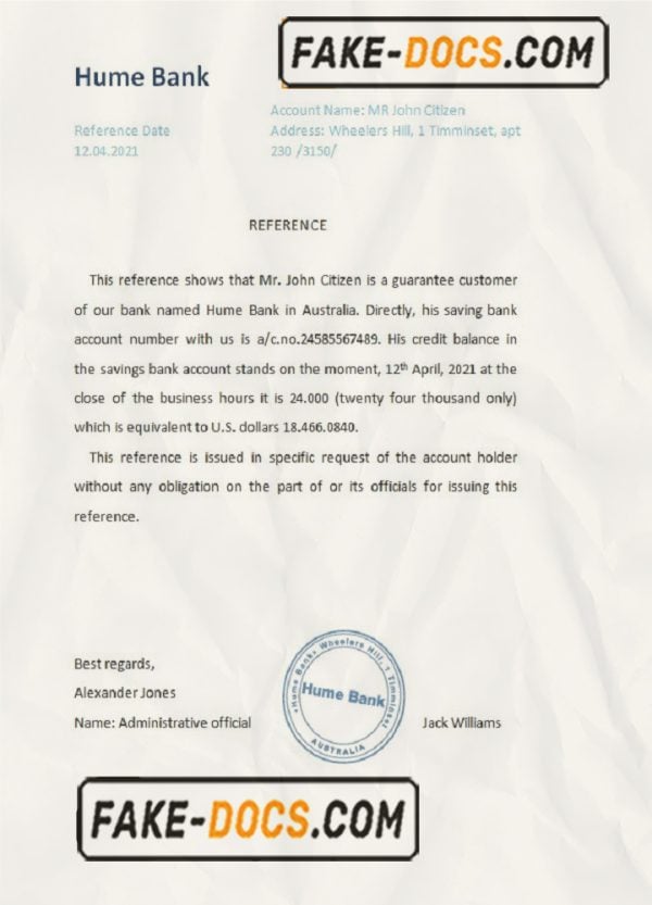 Australia Hume bank reference letter template in Word and PDF format