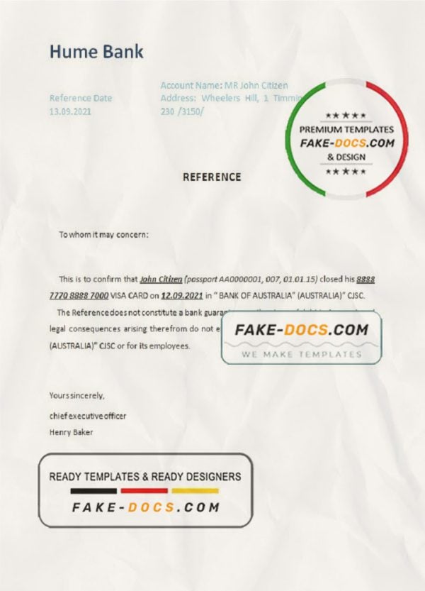 Australia Hume bank account closure reference letter template in Word and PDF format