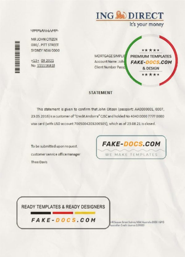 Australia ING Direct bank account closure reference letter template in Word and PDF format