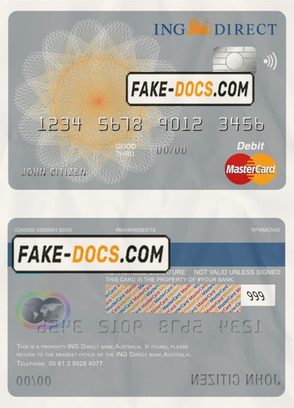 Australia ING Direct bank mastercard debit card template in PSD format, fully editable
