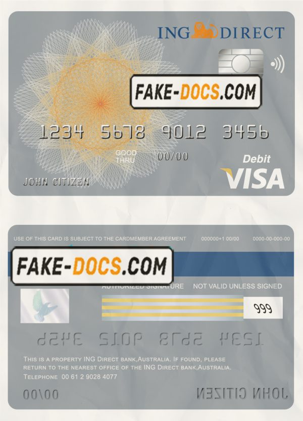 Australia ING Direct bank visa card debit card template in PSD format, fully editable