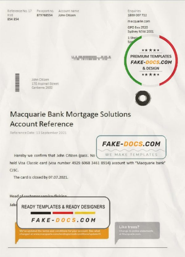 Australia Macquarie bank account closure reference letter template in Word and PDF format