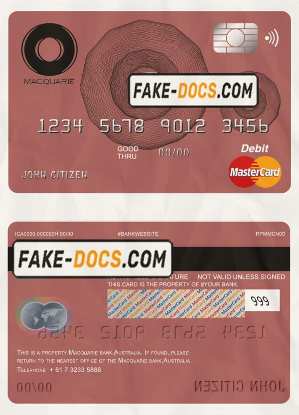 Australia Macquarie bank mastercard debit card template in PSD format, fully editable