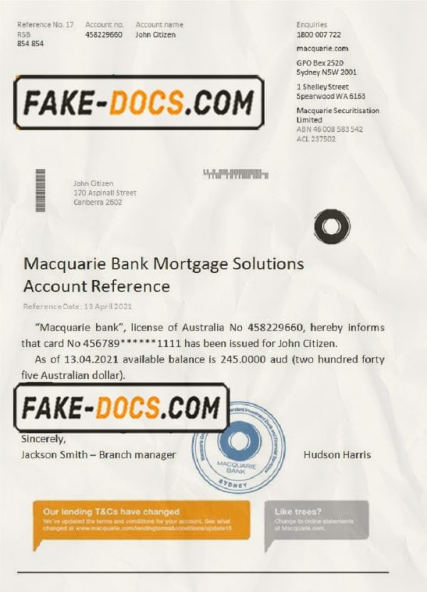 Australia Macquarie bank reference letter template in Word and PDF format