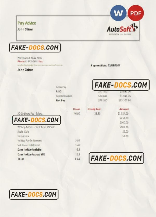 Australia NSW AutoSoft payslip Word and PDF template