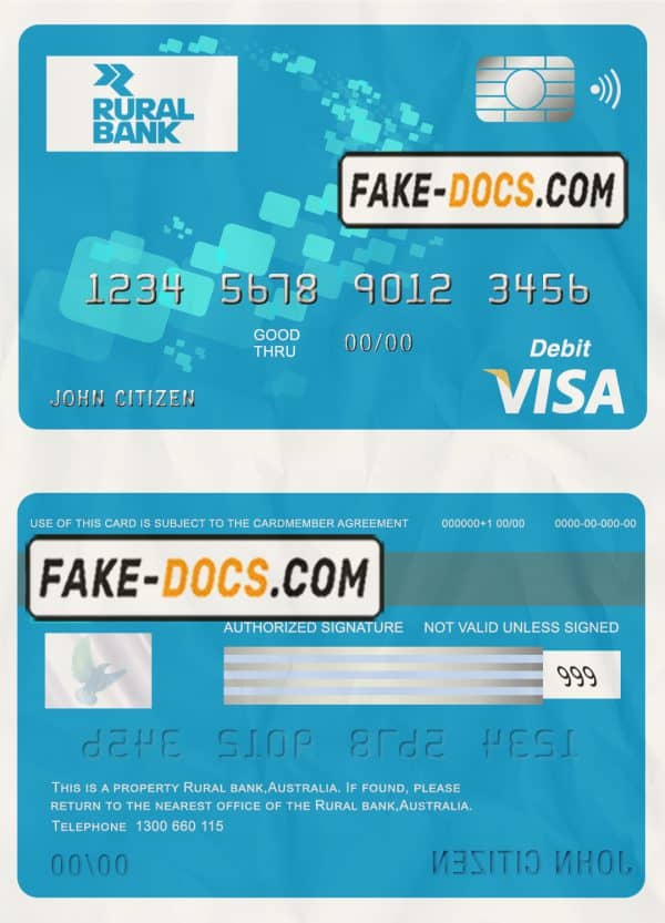 Australia Rural Bank visa card debit card template in PSD format, fully editable