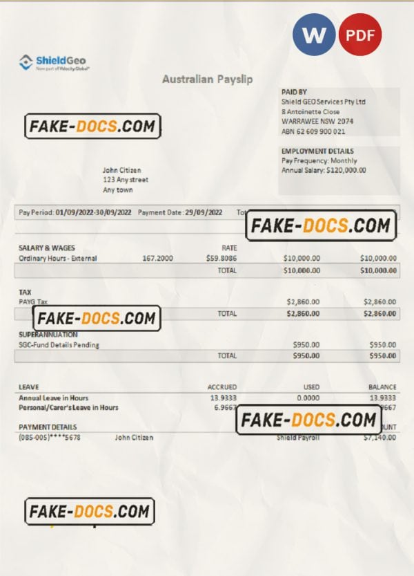Australia Shield Geo consulting company pay stub Word and PDF template