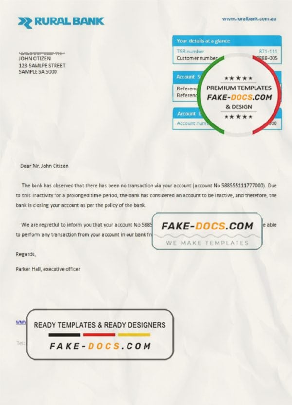 Australia Rural bank account closure reference letter template in Word and PDF format