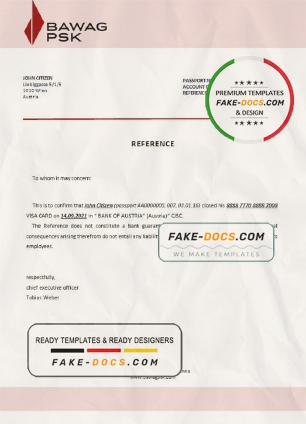 Austria BAWAG PSK bank account closure reference letter template in Word and PDF format