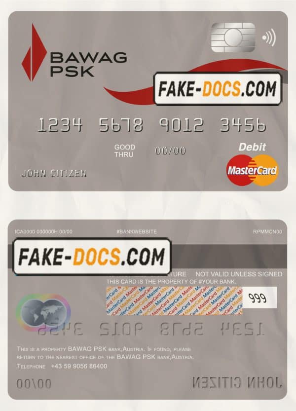 Austria BAWAG PSK bank mastercard debit card template in PSD format, fully editablc