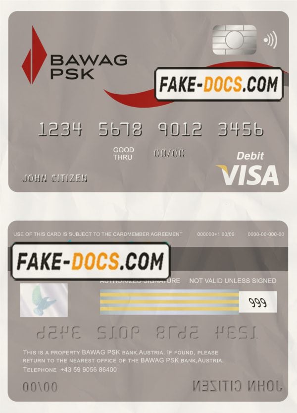Austria BAWAG PSK bank visa card debit card template in PSD format, fully editable