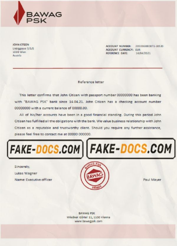 Austria BAWAG PSK bank account reference letter template in Word and PDF format