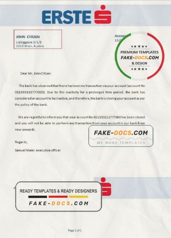 Austria Erste bank account closure reference letter template in Word and PDF format