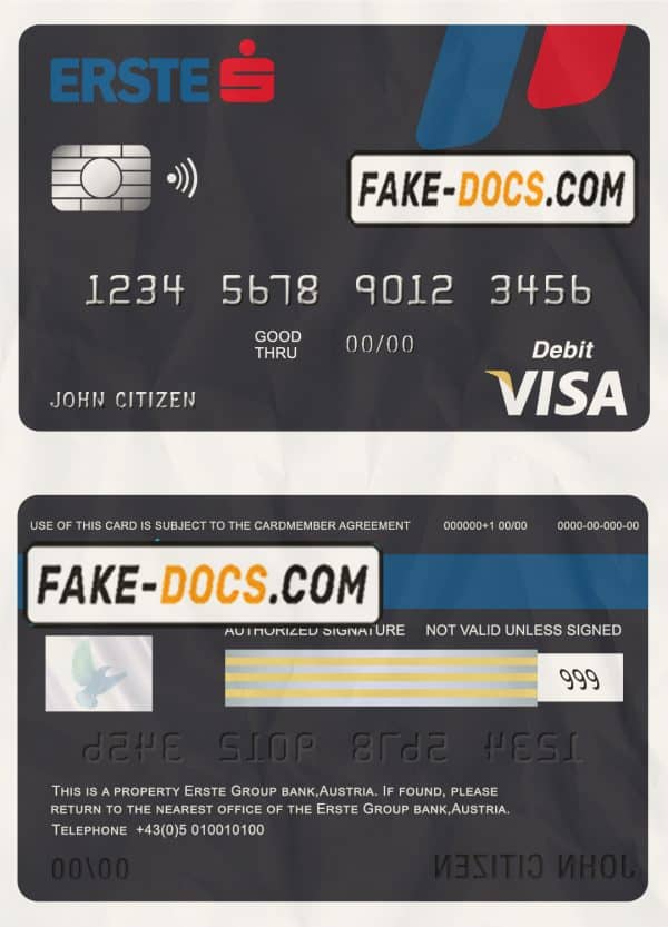 Austria Erste Group bank visa card debit card template in PSD format, fully editable