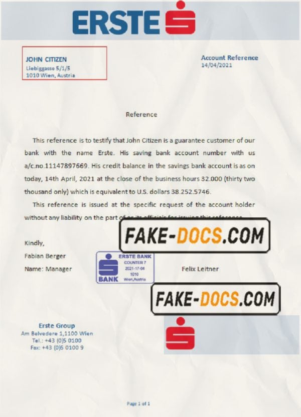 Austria Erste bank account reference letter template in Word and PDF format