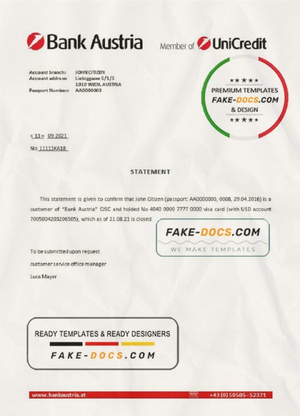 Austria Bank Austria bank account closure reference letter template in Word and PDF format