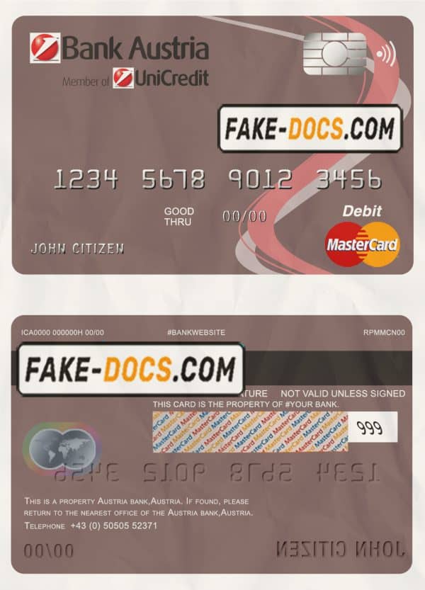 Austria Bank Austria mastercard debit card template in PSD format, fully editable