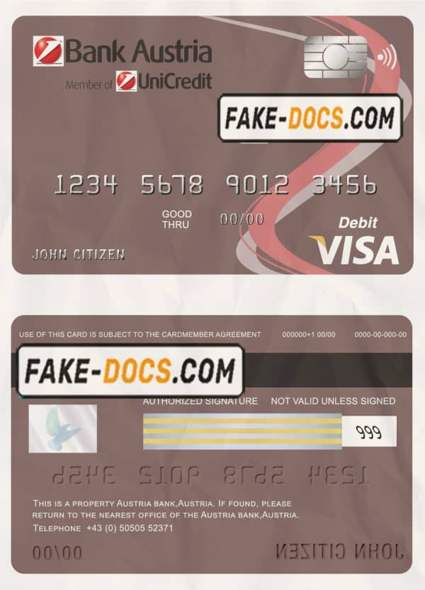 Austria Bank Austria visa card debit card template in PSD format, fully editable