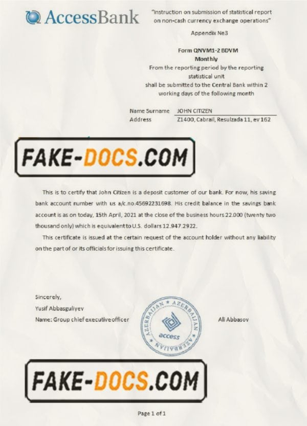Azerbaijan Access bank reference letter template in Word and PDF format