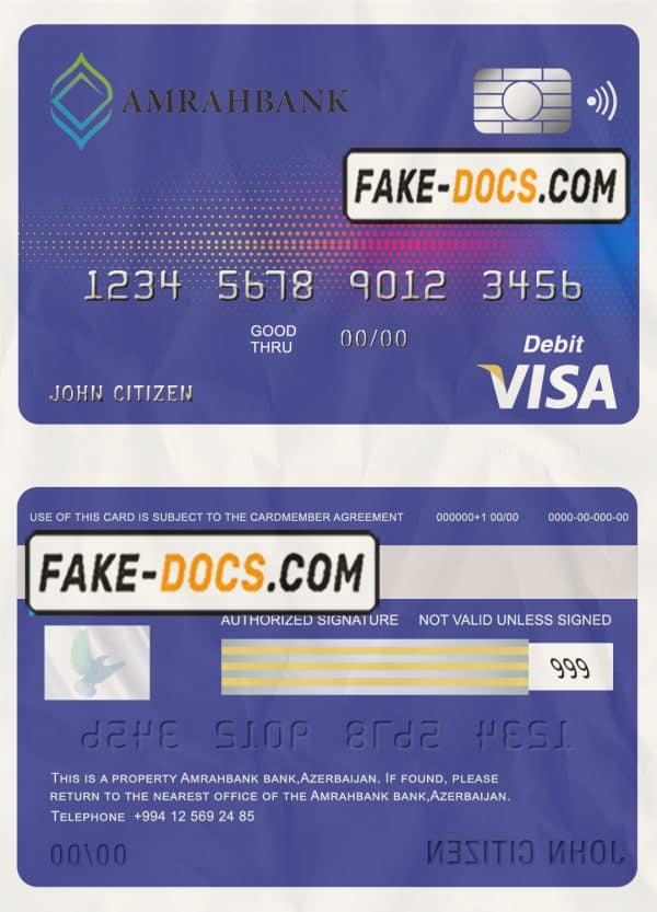 Azerbaijan Amrahbank bank visa card debit card template in PSD format, fully editable