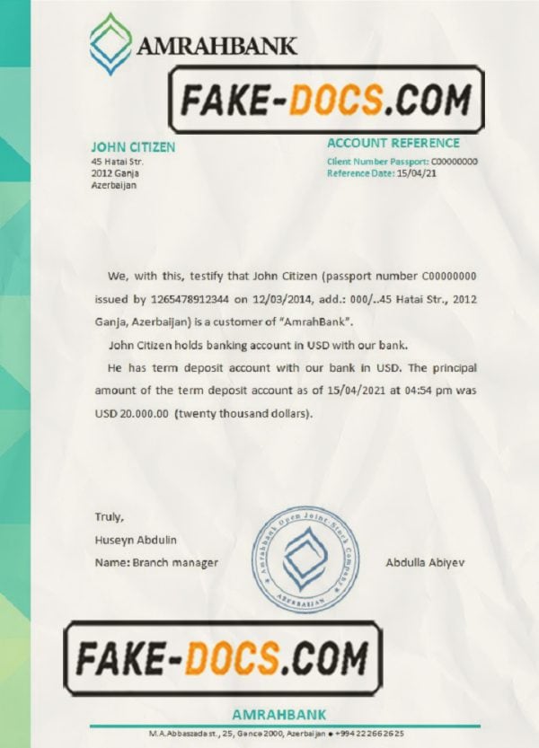 Azerbaijan Amrahbank bank reference letter template in Word and PDF format