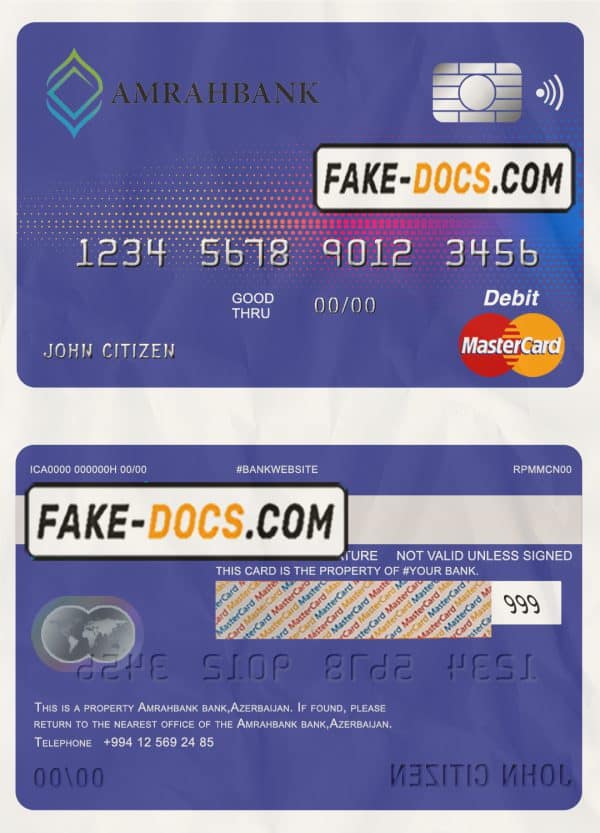 Azerbaijan Amrahbank bank mastercard debit card template in PSD format, fully editable
