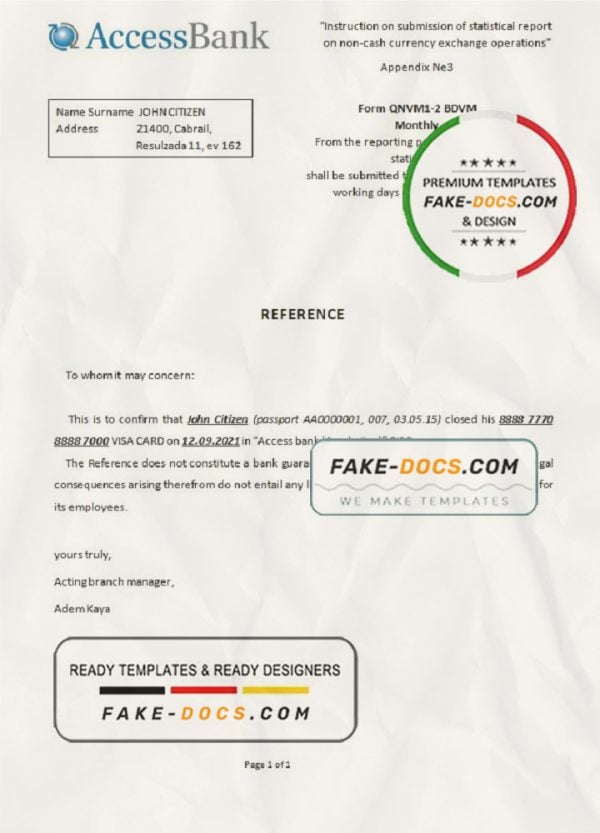 Azerbaijan Access bank account closure reference letter template in Word and PDF format