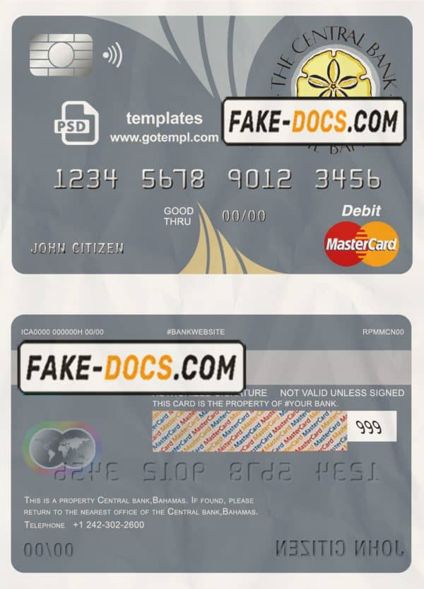 Bahamas The Central bank mastercard debit card template in PSD format, fully editable
