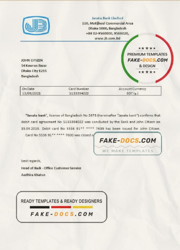 Bangladesh Janata bank account closure reference letter template in Word and PDF format