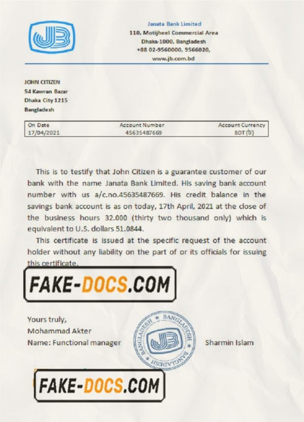 Bangladesh Janata bank account reference letter template in Word and PDF format