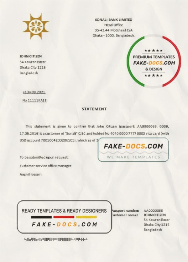 Bangladesh Sonali bank account closure reference letter template in Word and PDF format